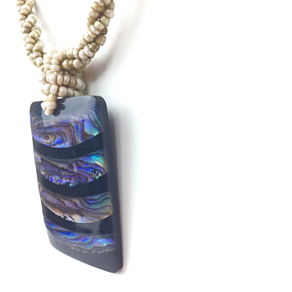 Braided Multi-Strand Seed Bead and Abalone Shell Pendant Necklace - Picture 6 of 8